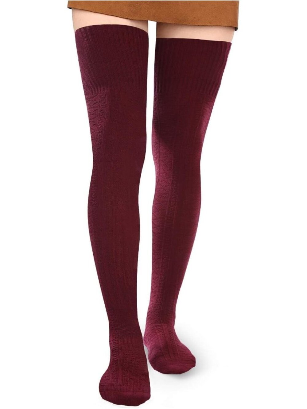 Women's Burgundy Cotton Knit Stocking Over The Knee Thigh High Socks Boots